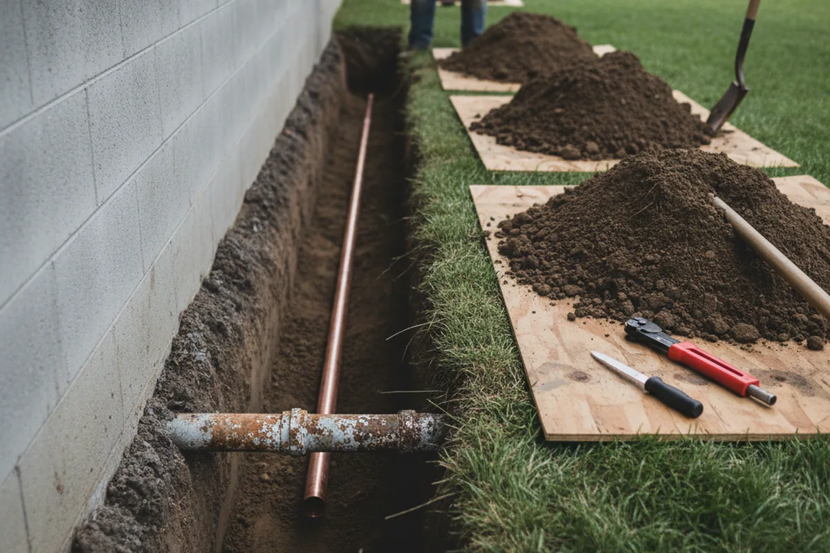 Excavated water line trench during Sewer Line Repair in Roslindale